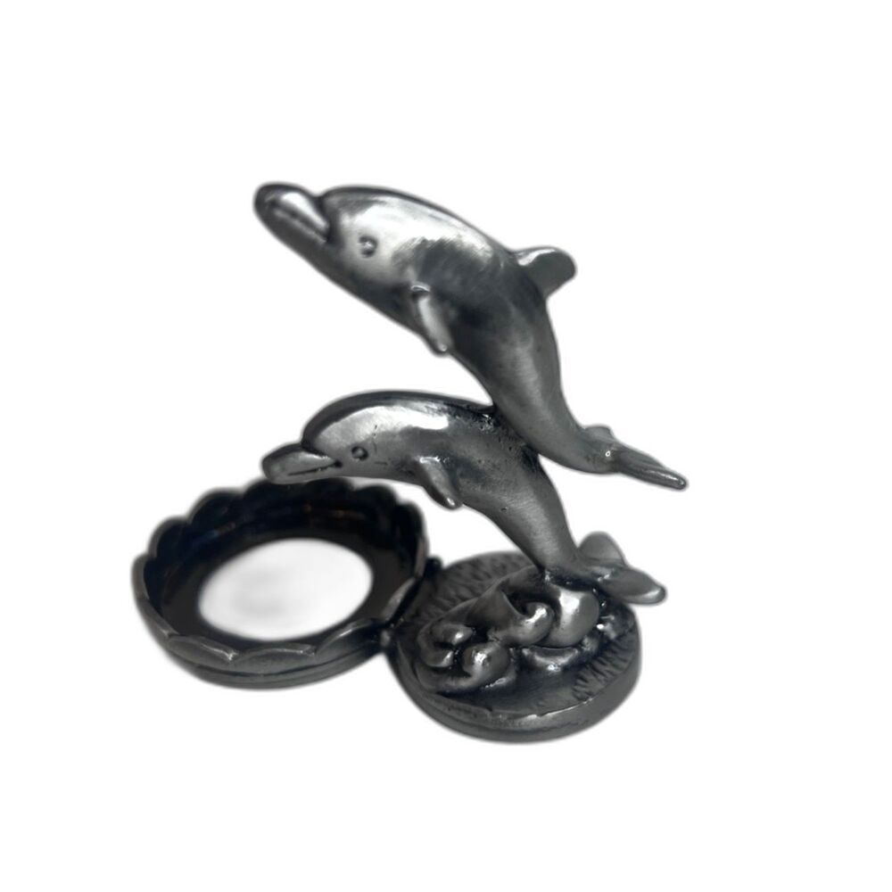 Pewter Dolphin Figurine Tea Light Candle Holder Silver Metal